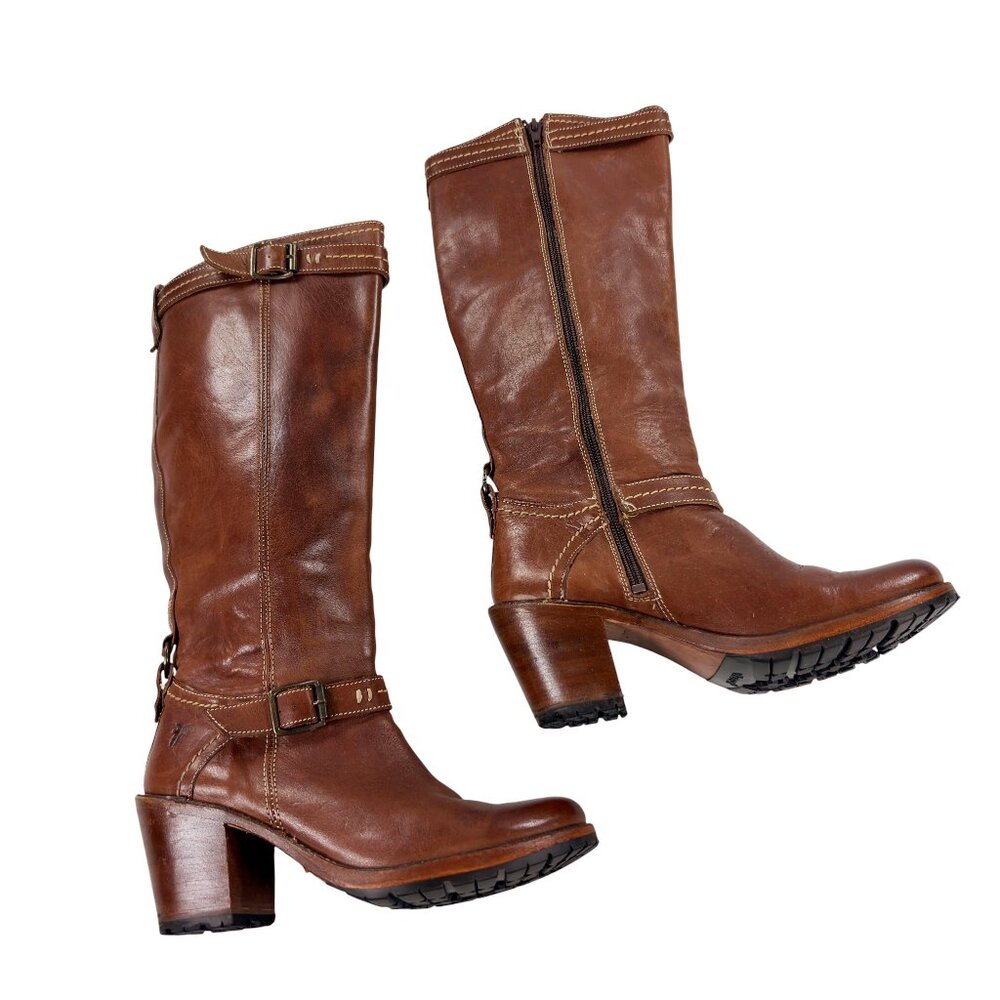 FRYE Carmen Inside Zip Tall Leather Boots Womens 7.5 B Vibram Mini Lug Brown